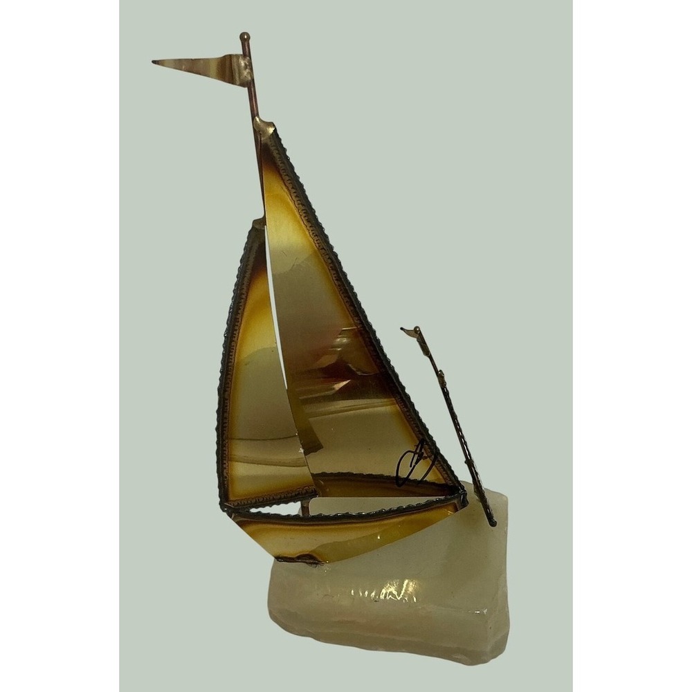 Vintage Brass Sailboat Sculpture Brutalist Metal Sails Stone Base Nautical Decor